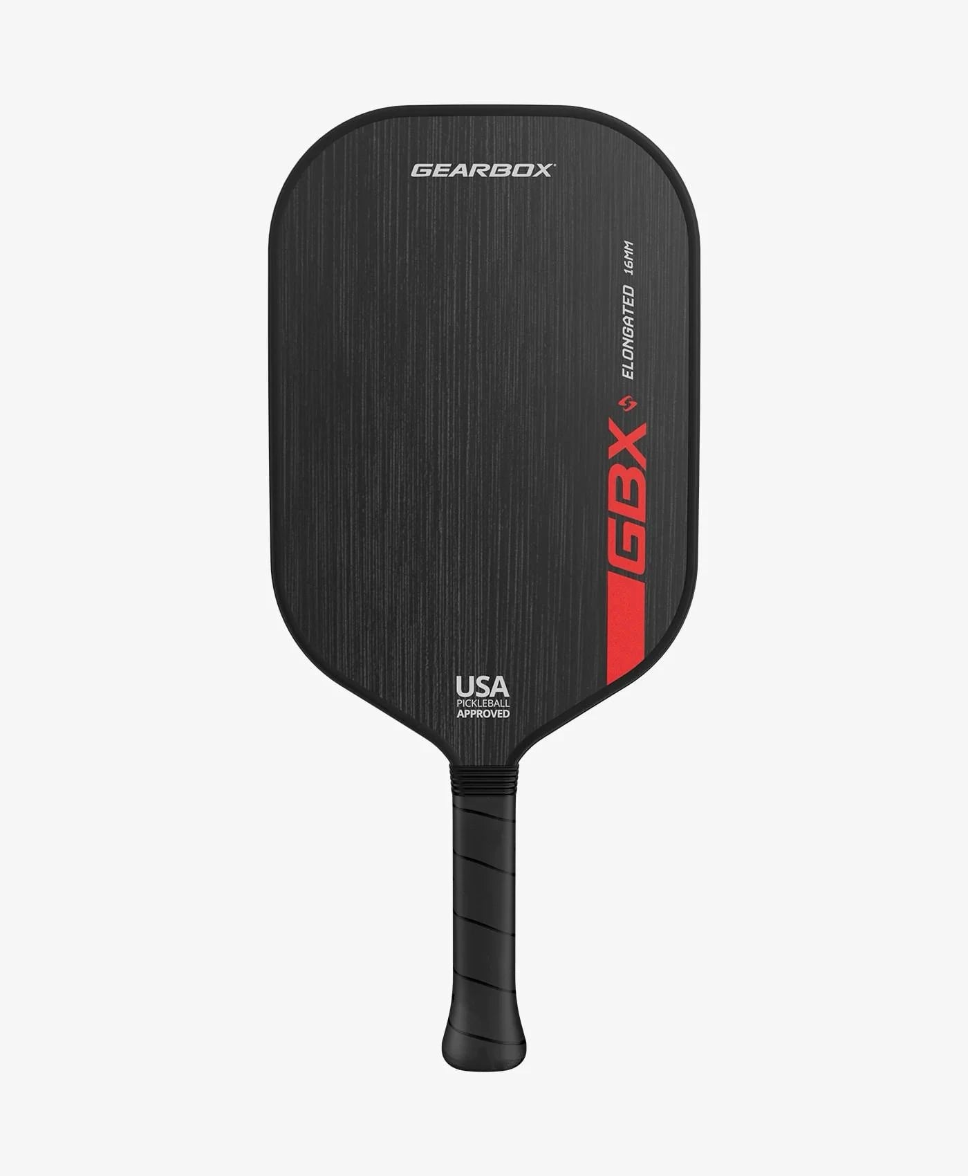 Black pickleball paddle with red and white text on a white background