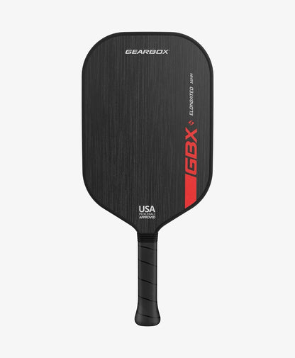 Black pickleball paddle with red and white text on a white background