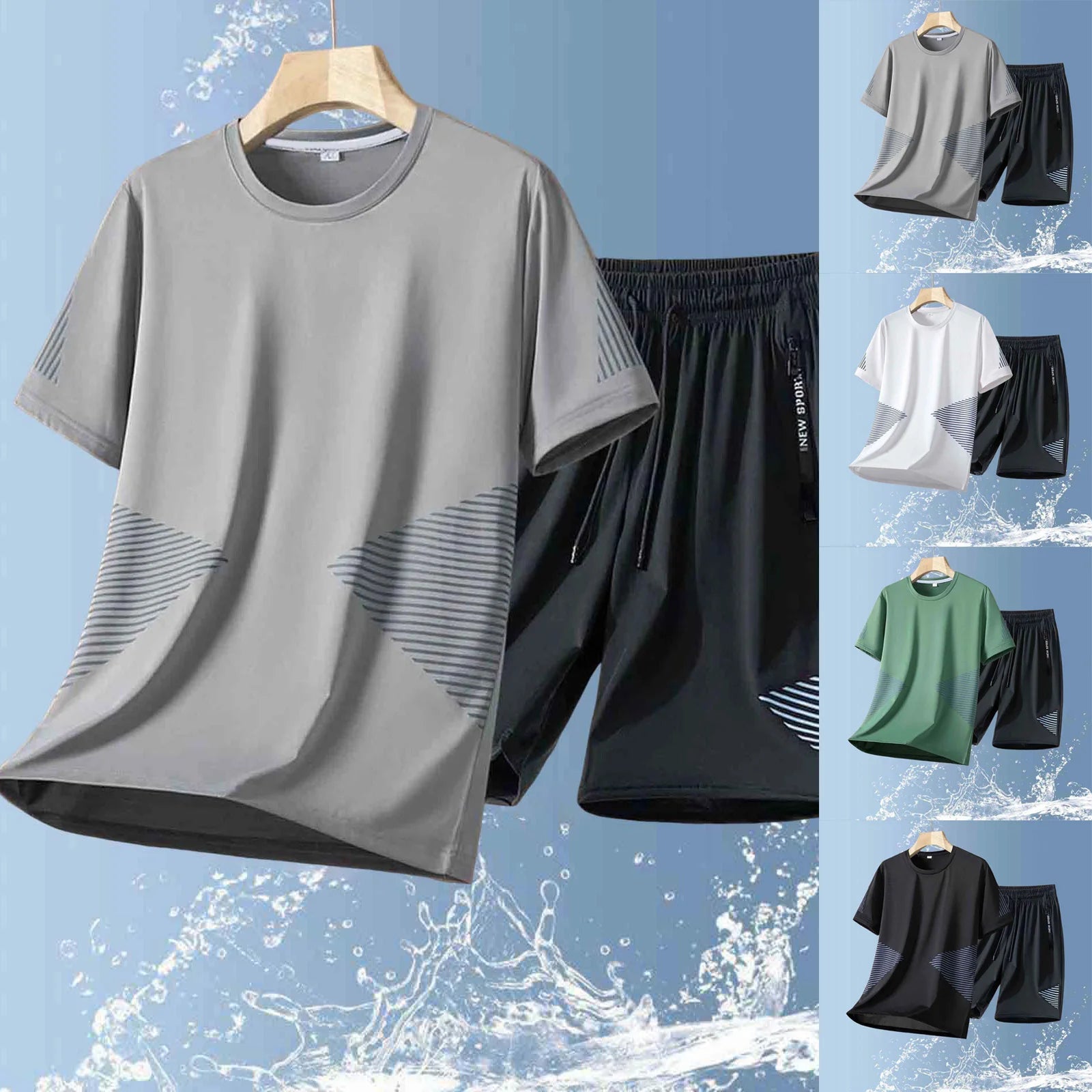 Collage of gray t-shirt and black shorts with water splash background