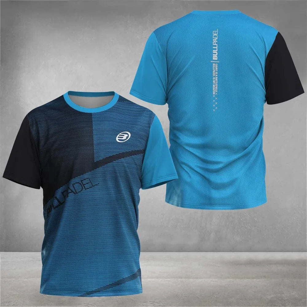 Blue and black sports t-shirt with brand logo on a gray background