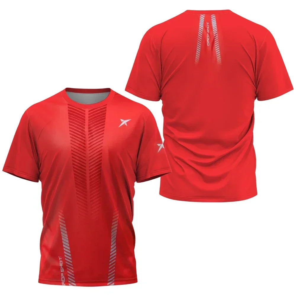 Red athletic shirt shown from front and back on a white background