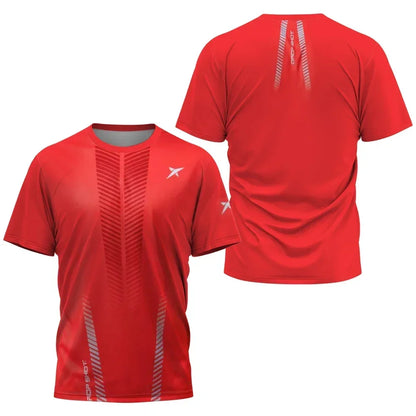 Red athletic shirt shown from front and back on a white background