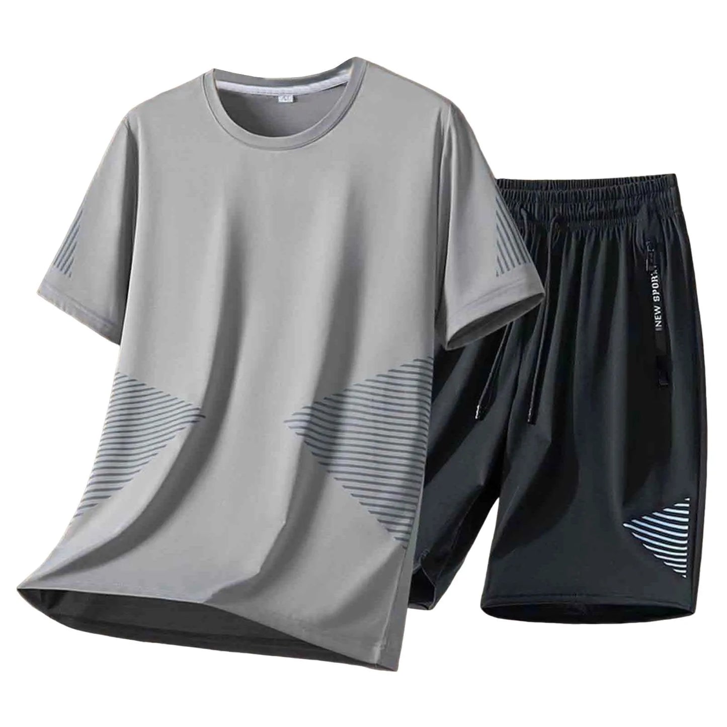 Gray t-shirt and black shorts set on a white background