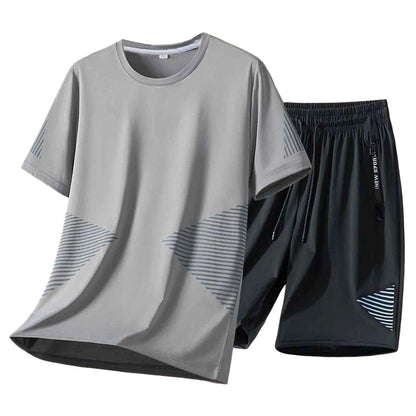 Gray t-shirt and black shorts set on a white background