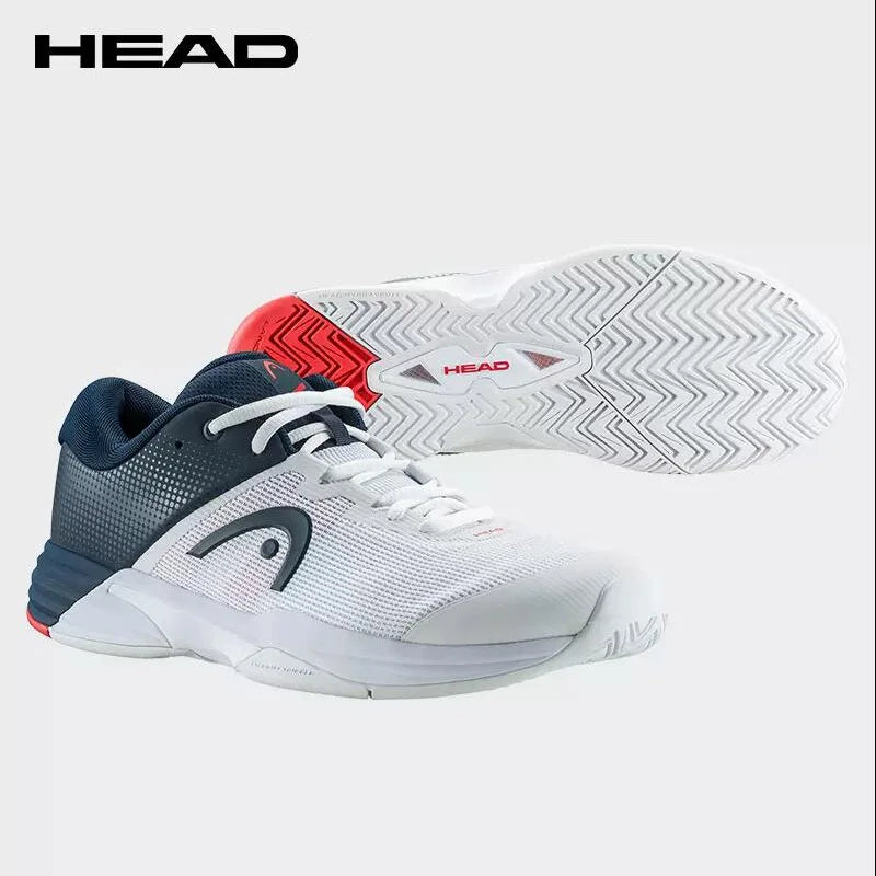 White and navy tennis shoes with red accents, featuring the HEAD logo on a white background.