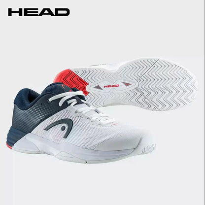 White and navy tennis shoes with red accents, featuring the HEAD logo on a white background.