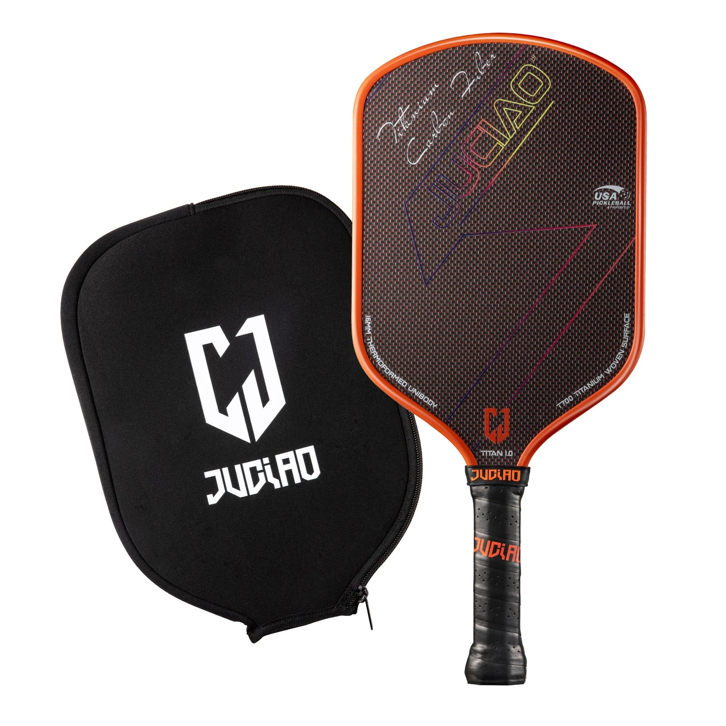 Orange pickleball paddle with black cover on a white background