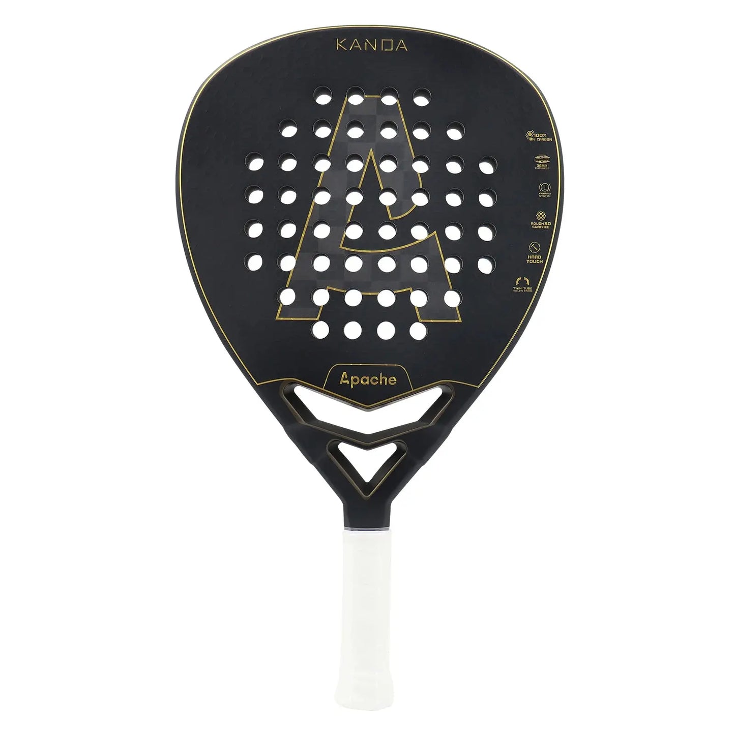 A black and gold Apache Kanda Padel Racket with a diamond-shaped head and 18K carbon face.