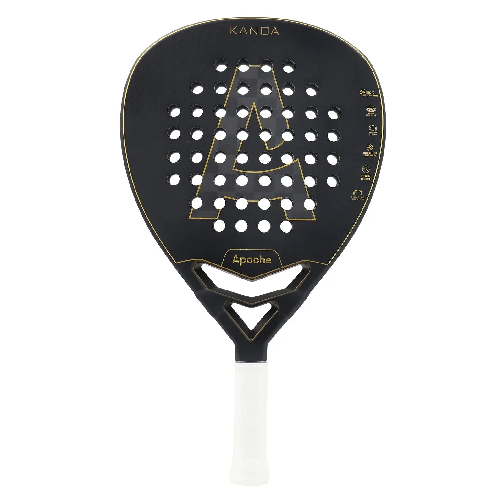 A black and gold Apache Kanda Padel Racket with a diamond-shaped head and 18K carbon face.