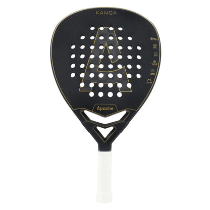 A black and gold Apache Kanda Padel Racket with a diamond-shaped head and 18K carbon face.