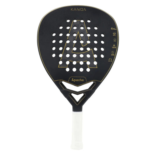 A black and gold Apache Kanda Padel Racket with a diamond-shaped head and 18K carbon face.