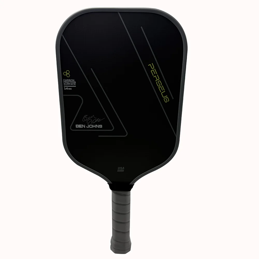 Black pickleball paddle with branding on a white background