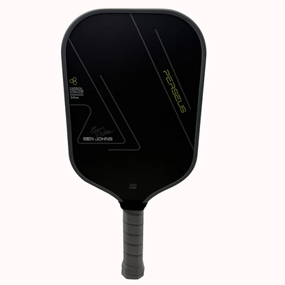 Black pickleball paddle with branding on a white background