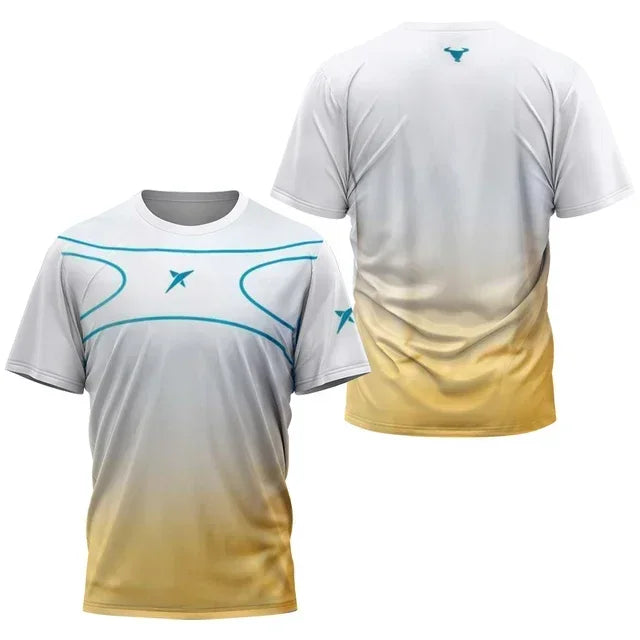 Gray and yellow gradient t-shirt with blue accents on a white background