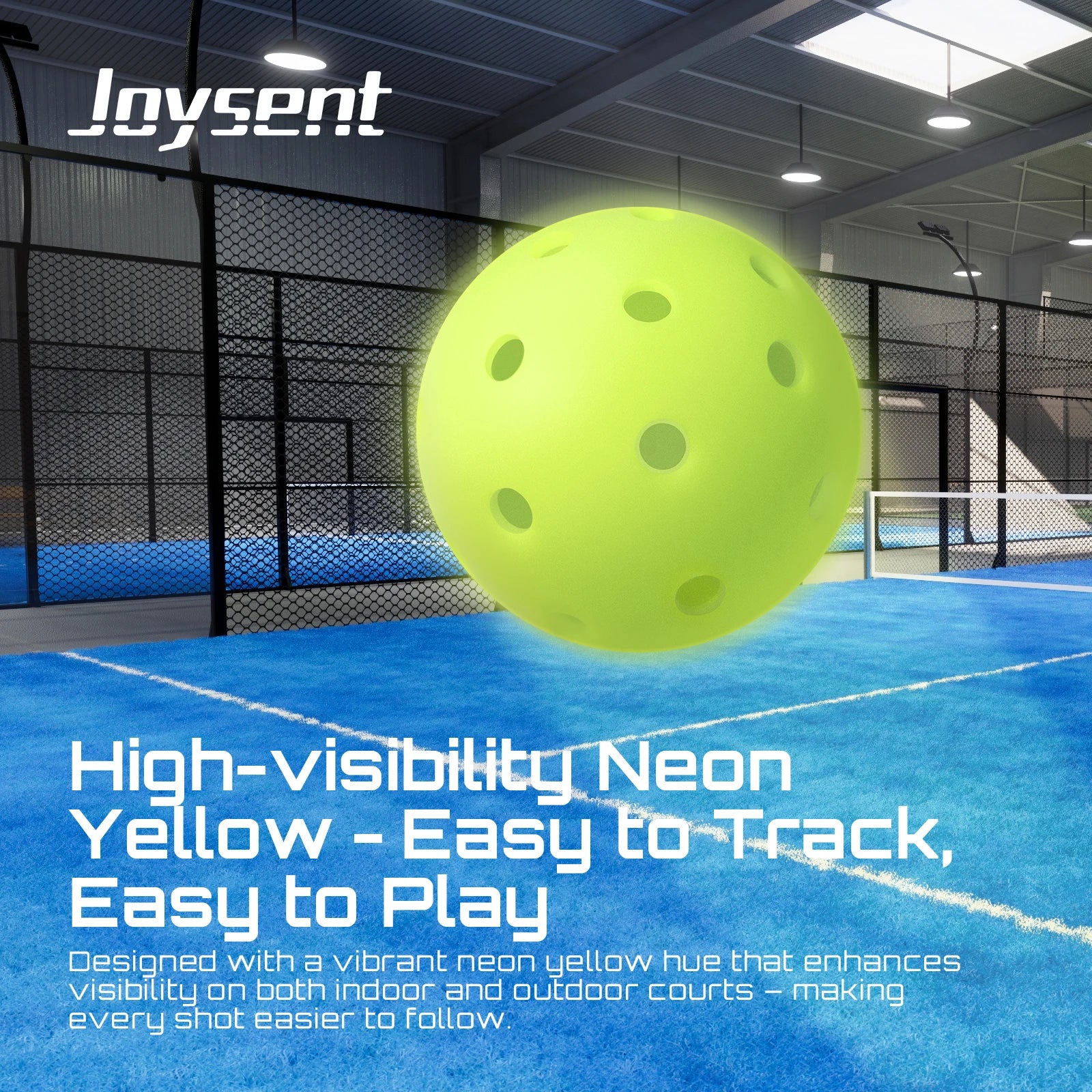 Neon yellow pickleball on an indoor court with Joysent branding and text about high-visibility.