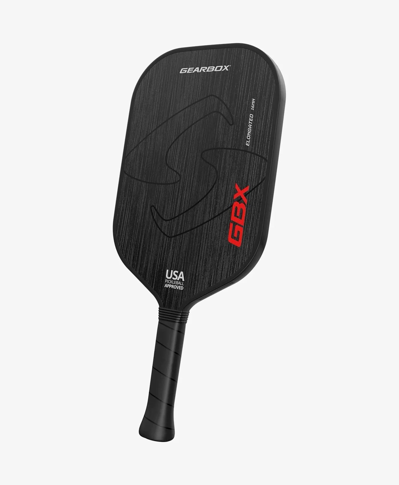 Black pickleball paddle with red and white text on a white background