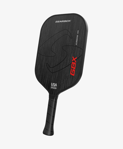 Black pickleball paddle with red and white text on a white background