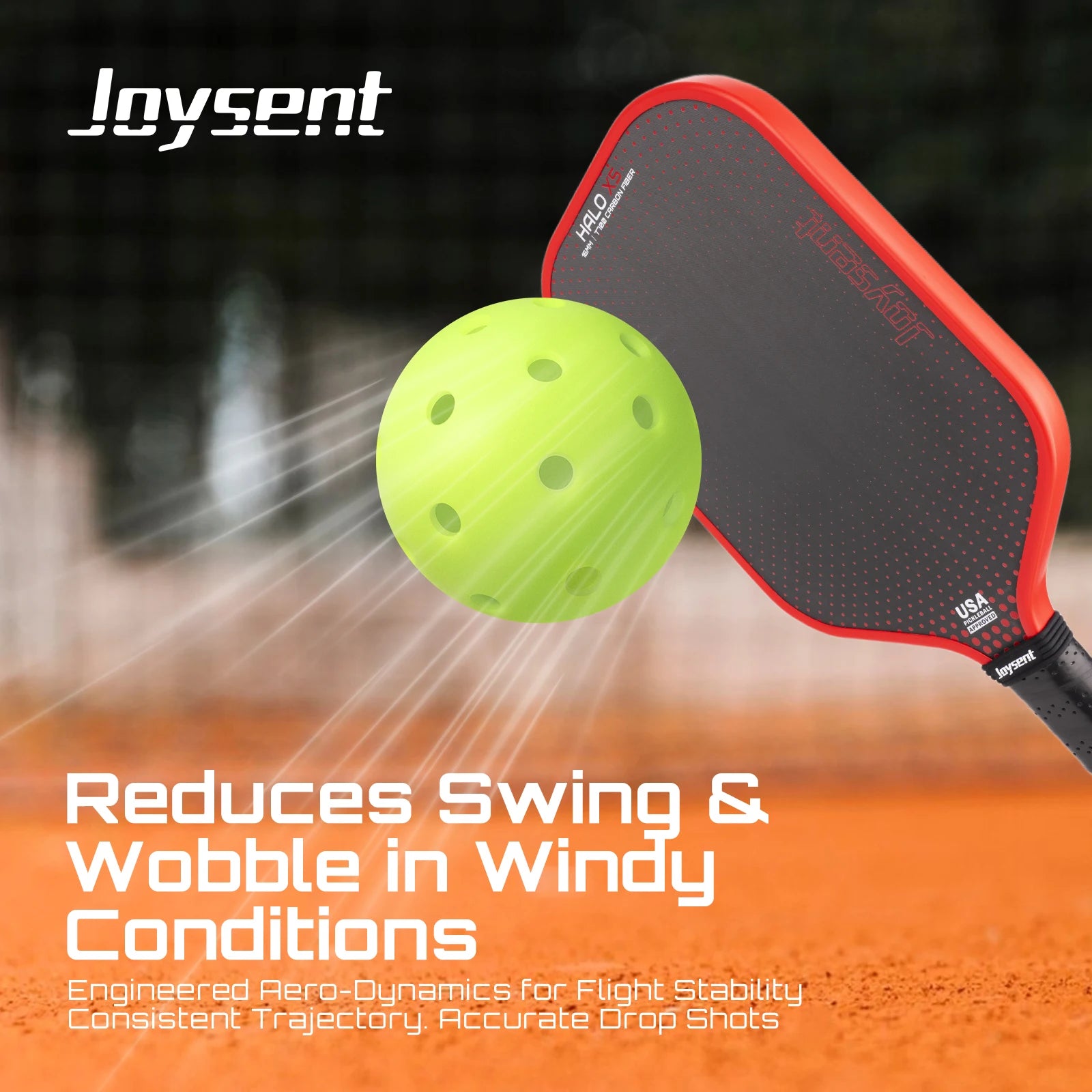 Pickleball paddle and ball with Joysent branding on a blurred court background