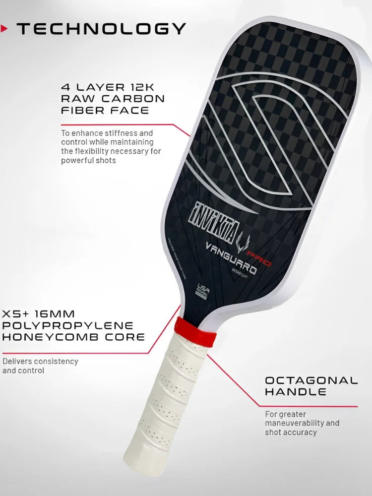 Pickleball paddle with technical specifications on a white background