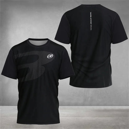 Black t-shirt with a logo on the front and text on the back against a gray background