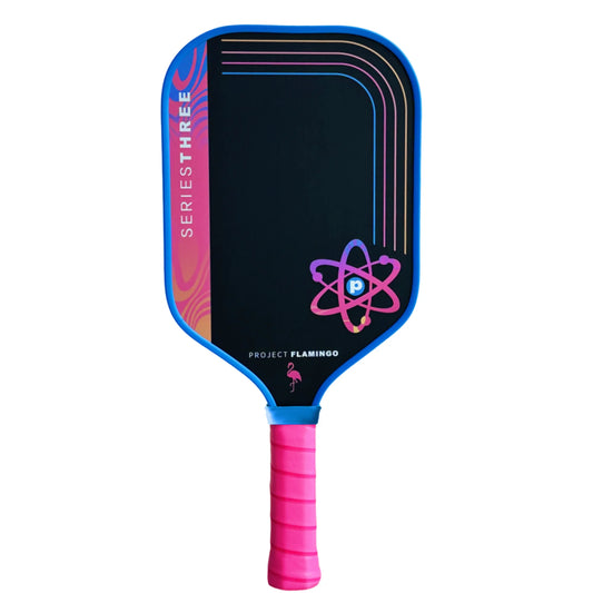 Pickleball paddle with pink handle and colorful design on a white background