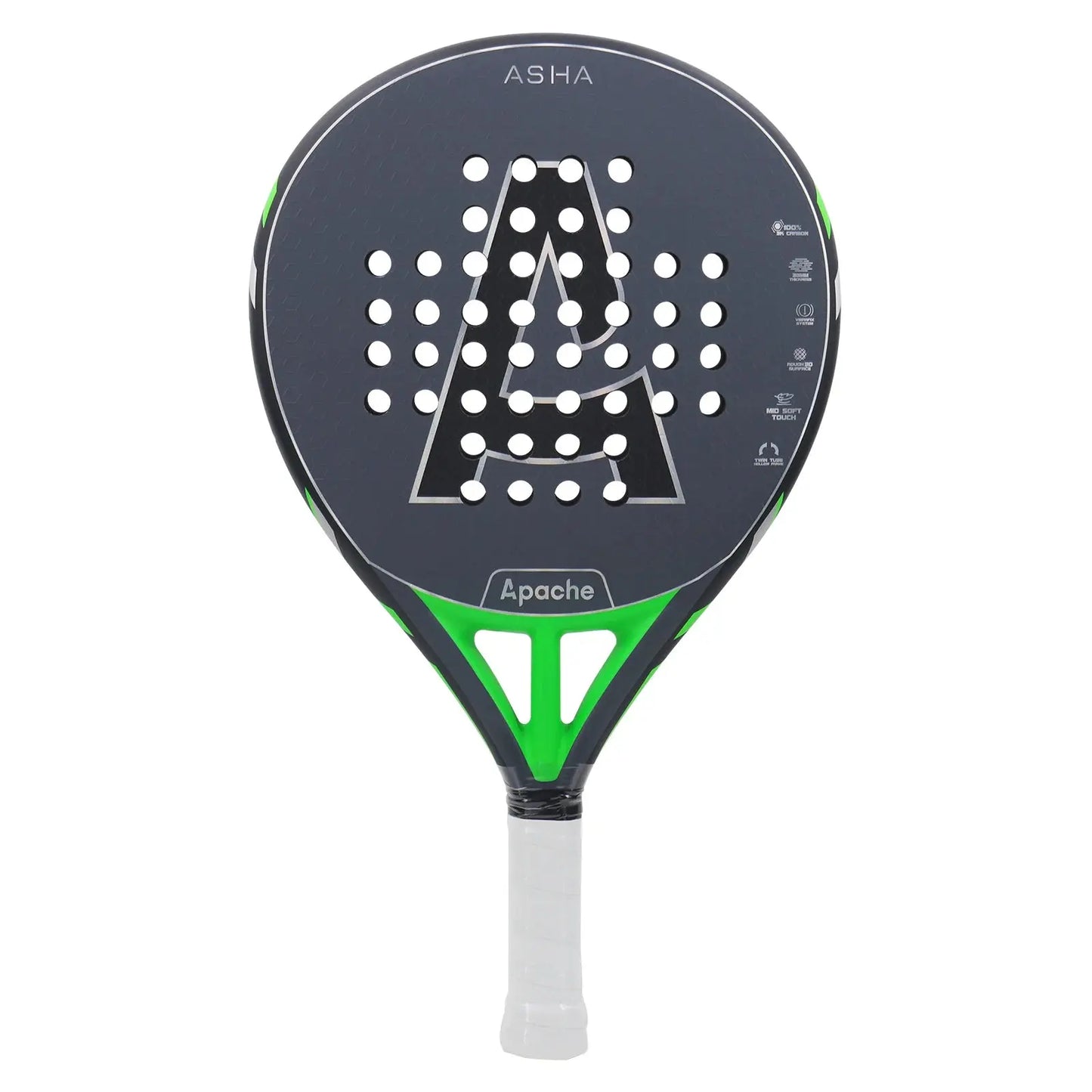 A gray and green Apache Asha padel racket with a teardrop shape and a 3K carbon face, featuring a twin tube frame and Vibrafix system.