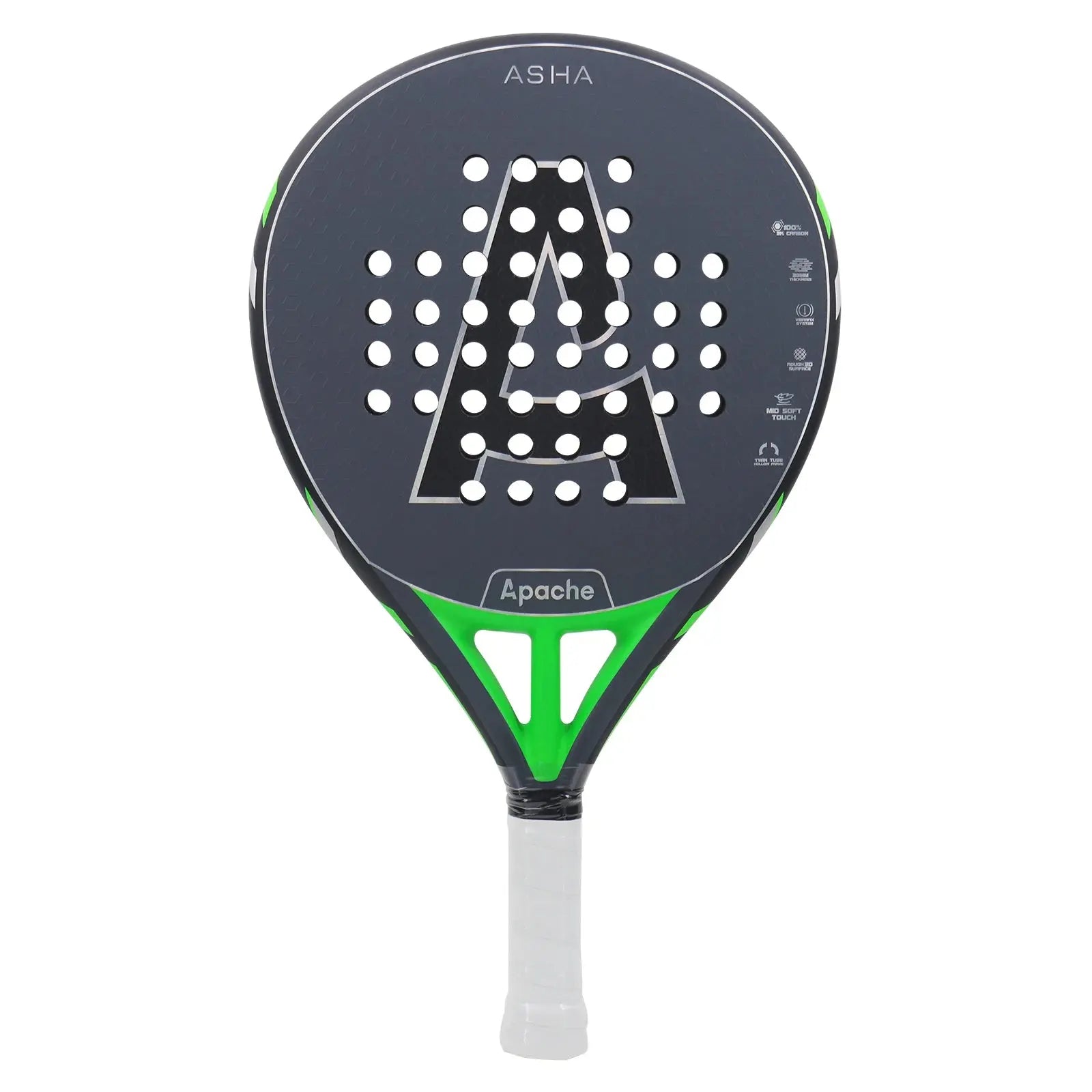 A gray and green Apache Asha padel racket with a teardrop shape and a 3K carbon face, featuring a twin tube frame and Vibrafix system.