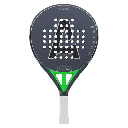A gray and green Apache Asha padel racket with a teardrop shape and a 3K carbon face, featuring a twin tube frame and Vibrafix system.