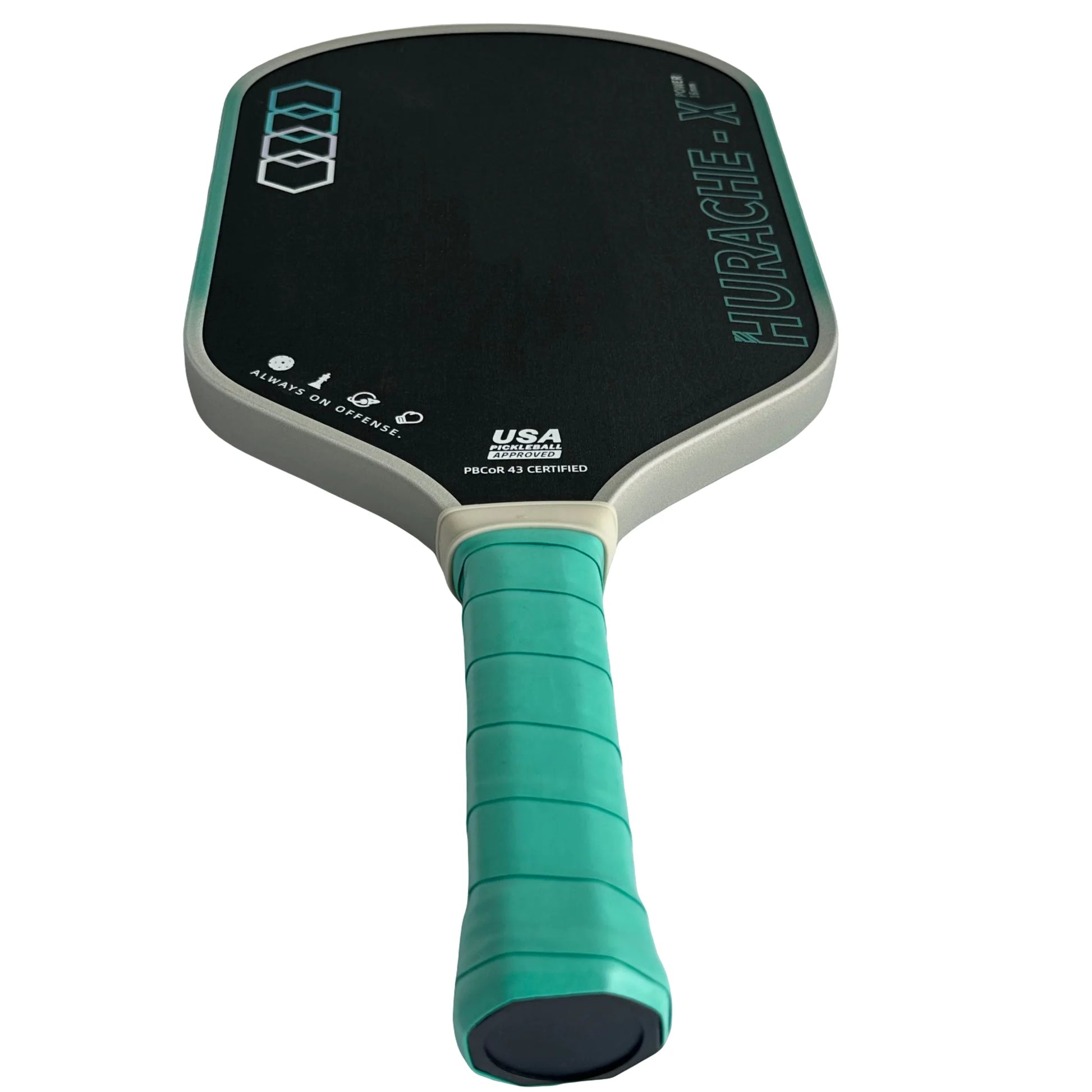 Pickleball paddle with black face and teal handle on a white background