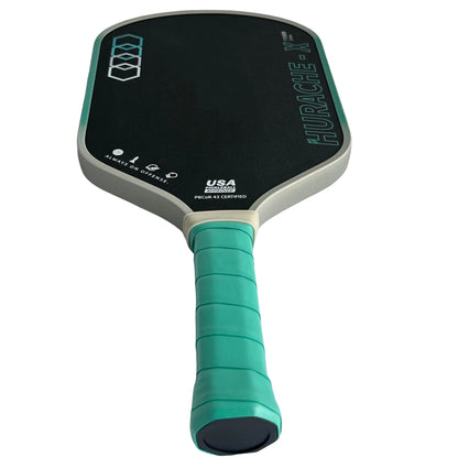 Pickleball paddle with black face and teal handle on a white background