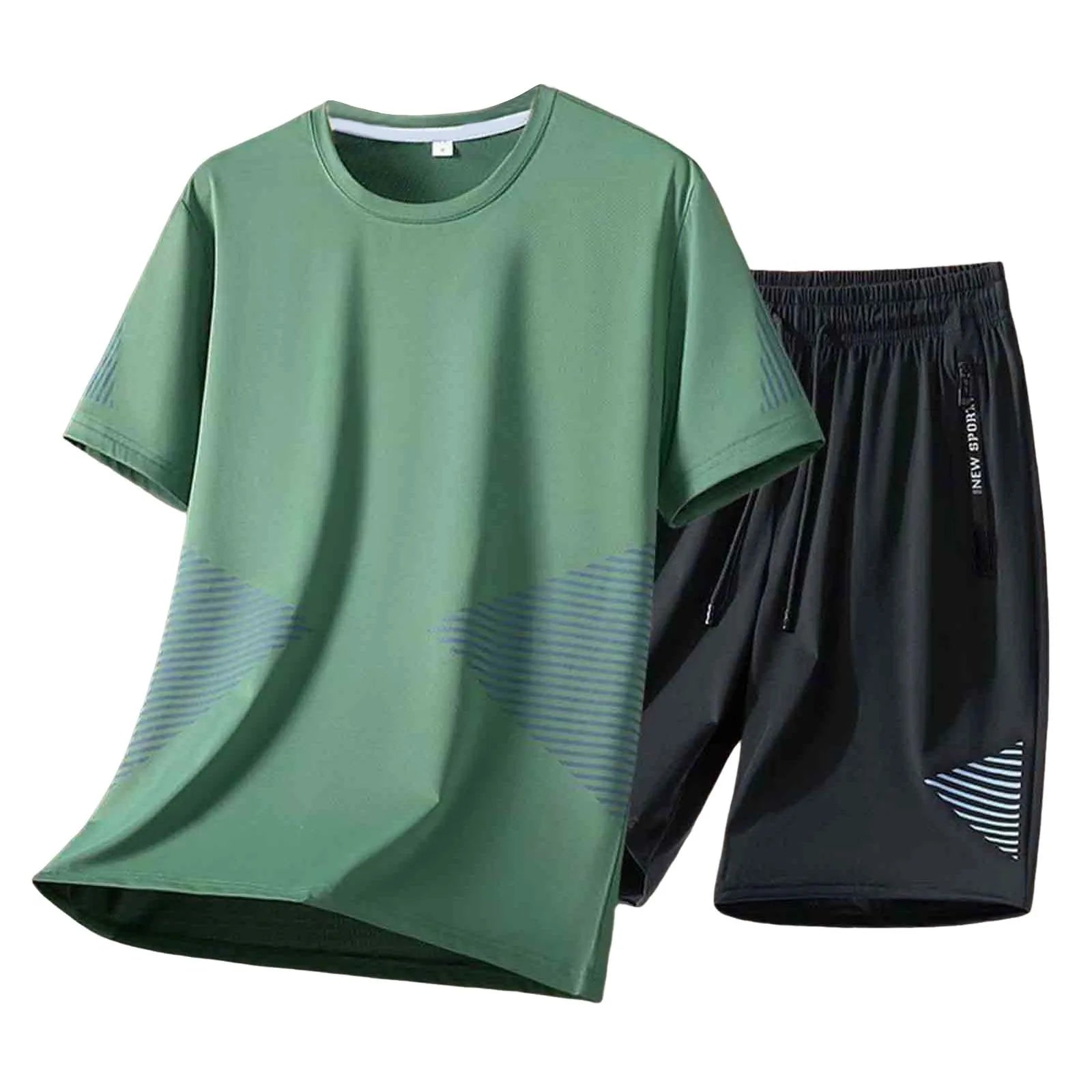 Green t-shirt and black shorts set on a white background