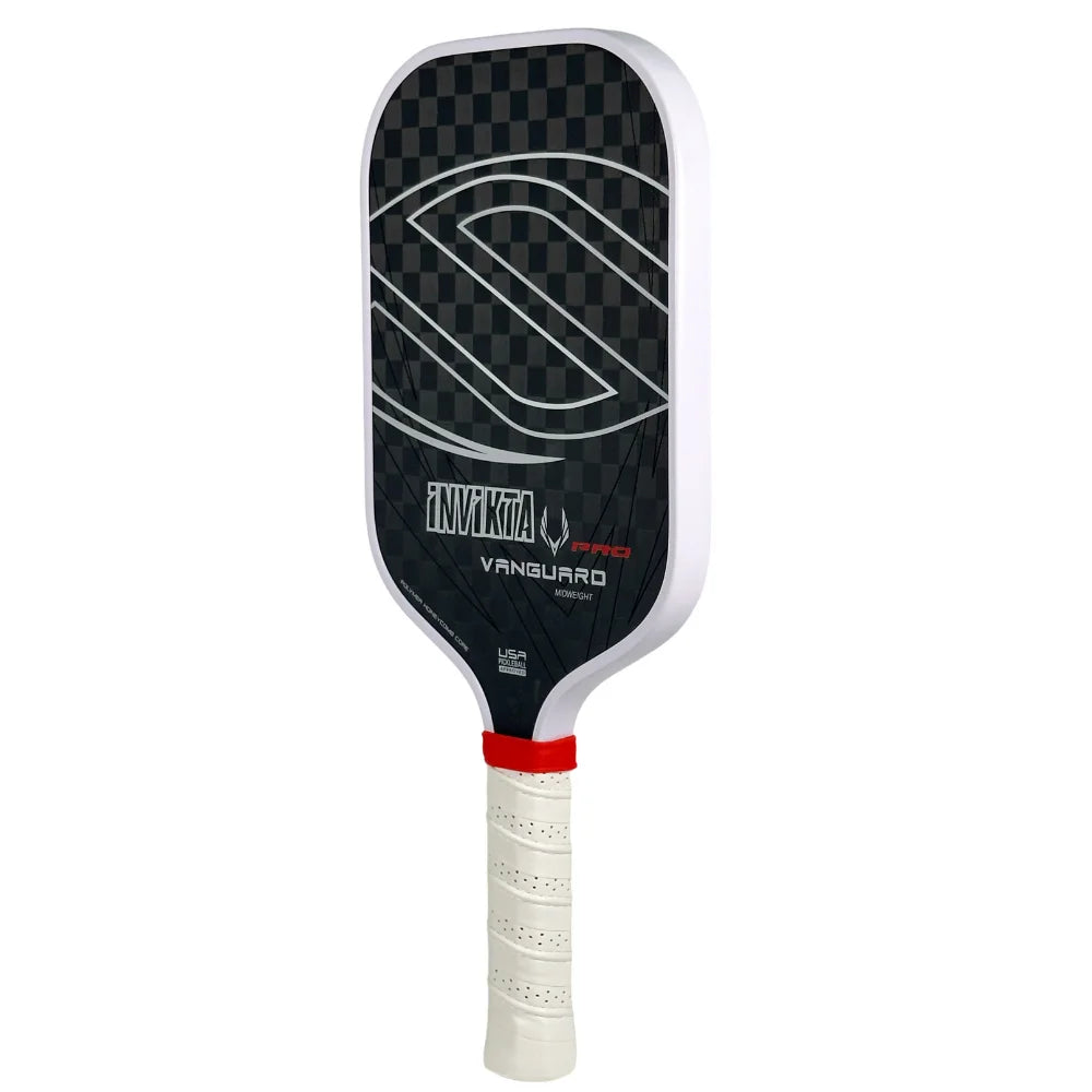 Pickleball paddle with black and white design on a white background