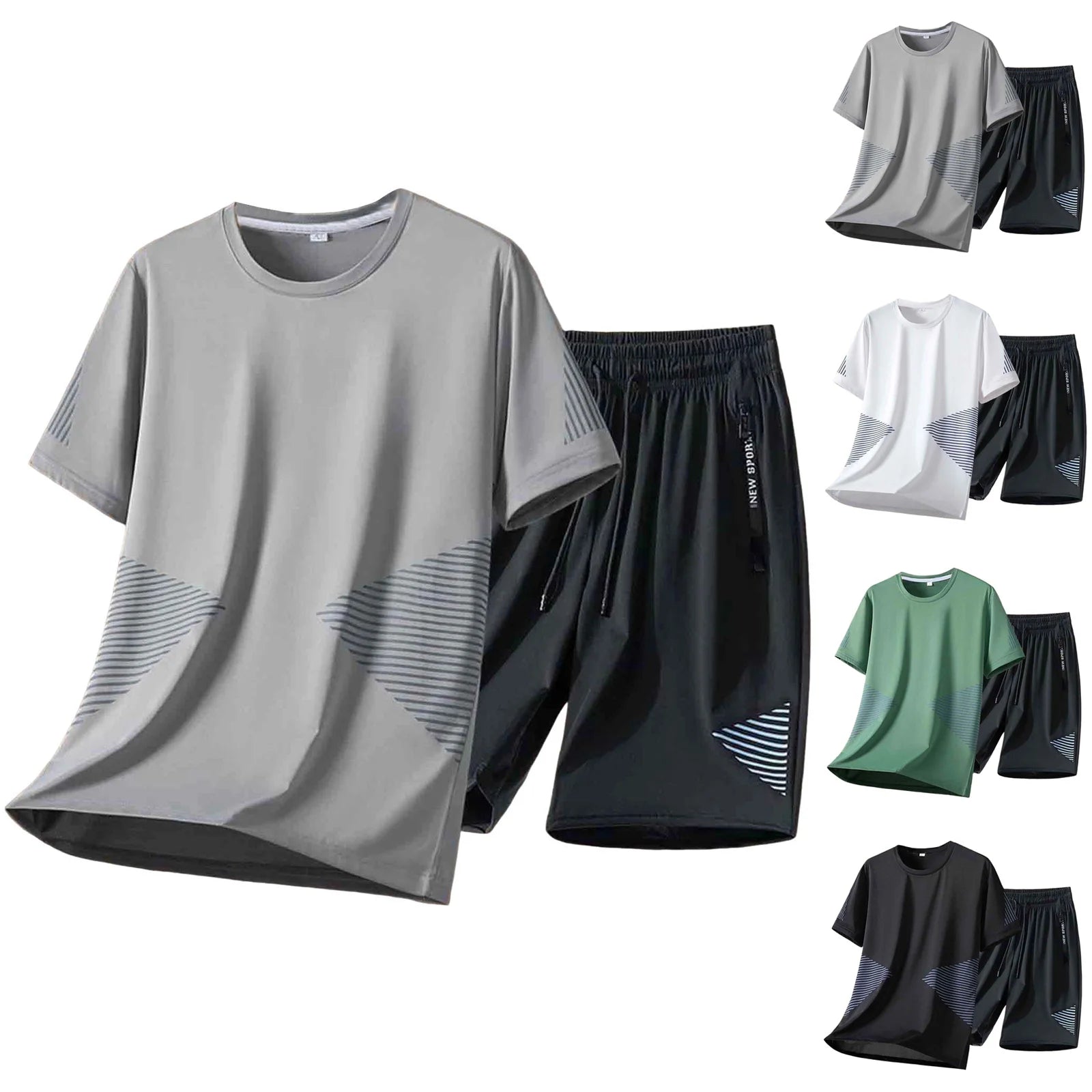 Gray t-shirt and black shorts set with additional color options on a white background