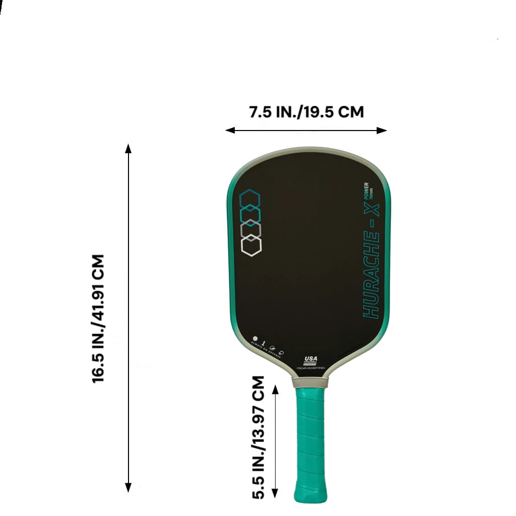 Pickleball paddle with dimensions labeled on a white background