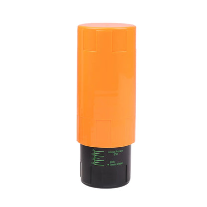Orange cylindrical device with black base on a white background