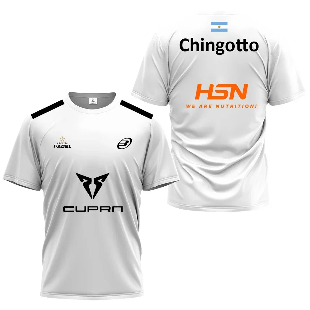 Two white sports jerseys with various brand logos on a white background