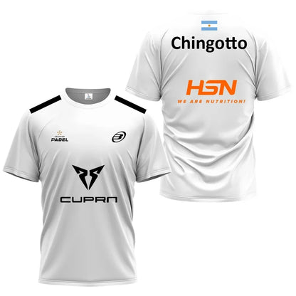 Two white sports jerseys with various brand logos on a white background