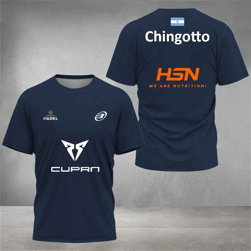Navy blue t-shirt with logos on the front and back against a gray background