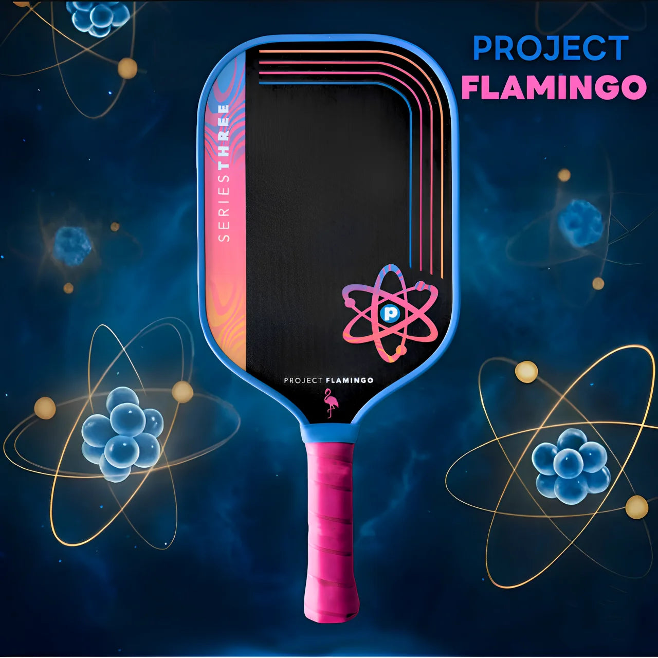 Pickleball paddle with 'Project Flamingo' branding on a dark background with atom graphics.