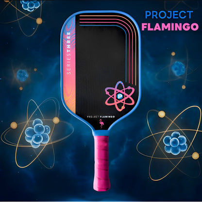Pickleball paddle with 'Project Flamingo' branding on a dark background with atom graphics.