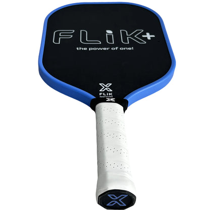 Pickleball paddle with blue and black design on a white background