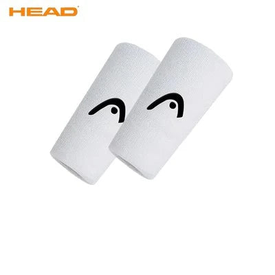 Two white wristbands with a black logo on a white background, featuring the HEAD brand.
