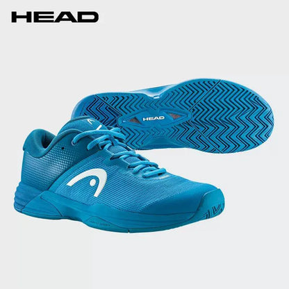 Blue athletic shoe with HEAD logo on a light gray background