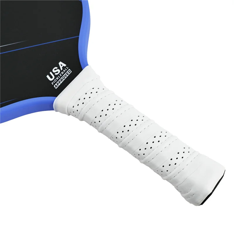 Close-up of a pickleball paddle handle with 'USA Pickleball' branding on a white background