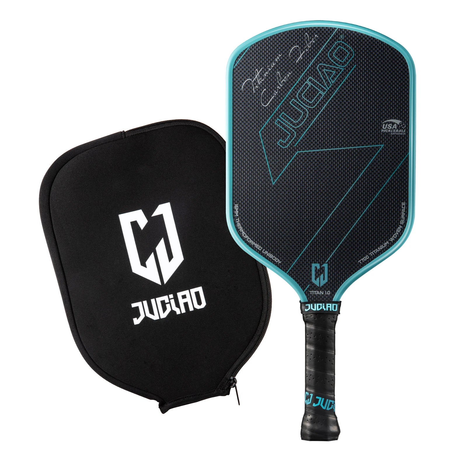Pickleball paddle with black carrying case on a white background, featuring the JUCIAO brand.