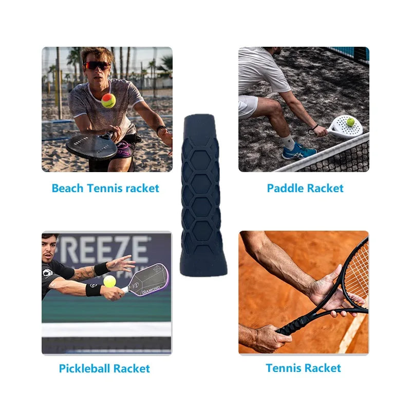 Collage of people playing beach tennis, paddle ball, and tennis with corresponding rackets.