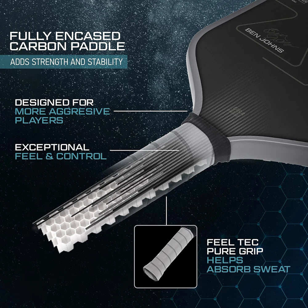 Table tennis paddle with text highlighting features on a dark background