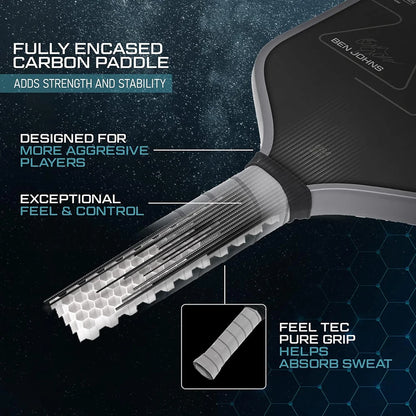 Table tennis paddle with text highlighting features on a dark background