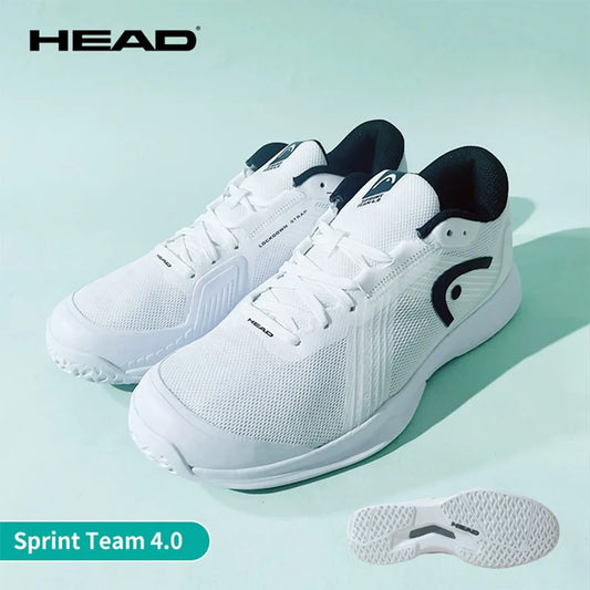 White athletic shoes with black accents on a light green background, featuring the HEAD brand.