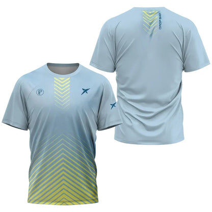 Light blue sports jersey with yellow zigzag pattern on a white background